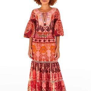 FAB FARM RIO "Annika" Print Boho Embroidered Maxi Macaw Dress